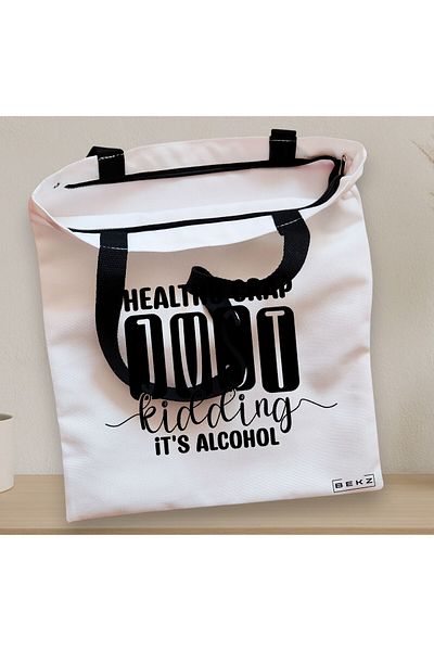 BEKZ Zippered Textile Bag, Tote Bag, Healthy Crap Model, Just Kidding, It's Alcohol, 38x34.5 Cm,