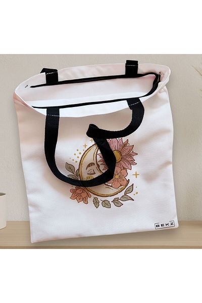 BEKZ Sacosa Textila Cu Fermoar, Geanta Tote Moon Flowers, 38x34.5 Cm, Alba, ®