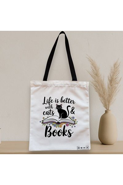 BEKZ Textile Bag With Zipper, Tote Bag, Life Is Better With Cats And Books Pattern, 38 X 34.5 Cm, ​​White,