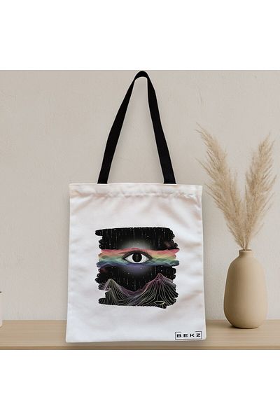BEKZ Sacosa Textila Cu Fermoar, Geanta Tote, Model Celestial Eye 9, 38x34.5 Cm, Alba, ®