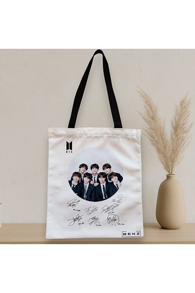 BEKZ Textile Bag With Zipper, Tote Bag, Model Bts Army 8 With Signatures, 38x34.5 Cm, ​​White, ®
