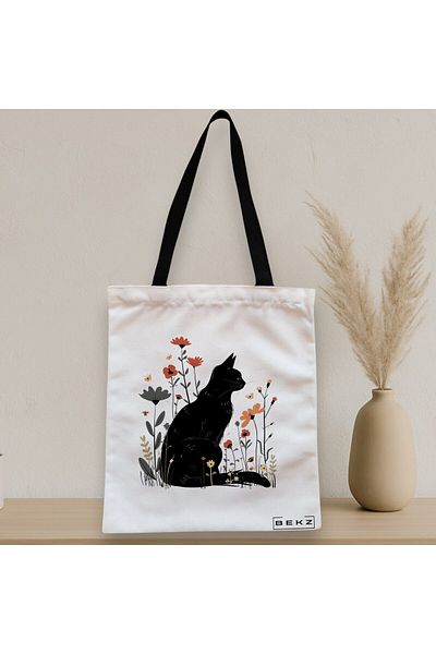 BEKZ Textile Bag With Zipper, Tote Bag, Cat And Flowers Model 6, 38 X 34.5 Cm, ​​White, ®