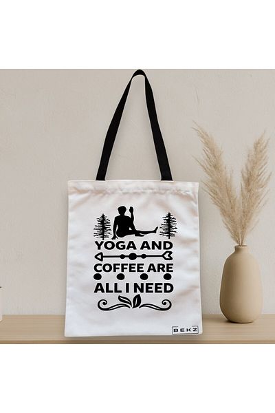 BEKZ Textile Bag With Zipper, Tote Bag Yoga And Coffee Are All I Need, 38x34.5 Cm, ​​White, ®
