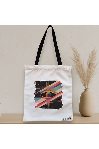 BEKZ Sacosa Textila Cu Fermoar, Geanta Tote, Model Celestial Eye 12, 38x34.5 Cm, Alba, ®
