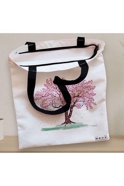 BEKZ Sacosa Textila Cu Fermoar, Geanta Tote, Model Watercolor Tree, 38x34.5 Cm, Alba, ®