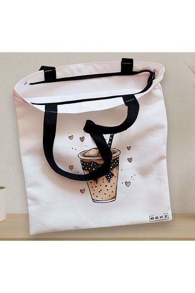 BEKZ Sacosa Textila Cu Fermoar, Geanta Tote, Model Caffeine Lover 1 38 X 34.5 Cm, Alb, ®