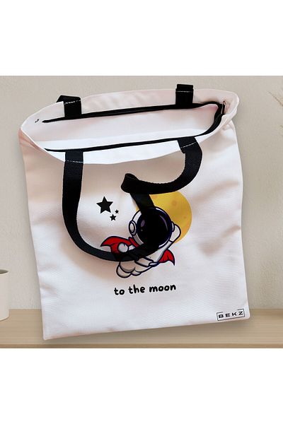 BEKZ Textile Bag With Zipper, Tote Bag, To The Moon Model, 38x34.5 Cm, ​​White, ®