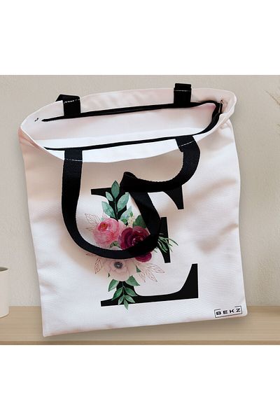 BEKZ Sacosa Textila Cu Fermoar, Geanta Tote, Cu Litera E Si Trandafiri, 38x34.5 Cm, Alba, ®