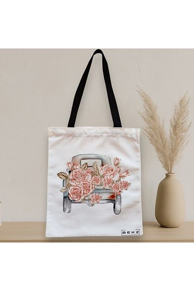 BEKZ Sacosa Textila Cu Fermoar, Geanta Tote, Model Pink Car, 38x34.5 Cm, Alba, ®
