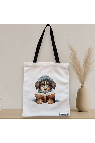 BEKZ Textile Bag With Zipper, Tote Bag, Reading Puppy Model 1 38 X 34.5 Cm, ​​White, ®