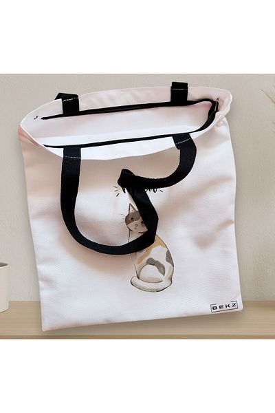 BEKZ Sacosa Textila Cu Fermoar, Geanta Tote, Model Meow 2, 38x34.5 Cm, Alba, ®