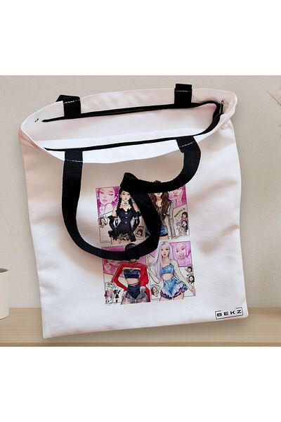 BEKZ Sacosa Textila Cu Fermoar, Geanta Tote, Model Blackpink 7, 38x34.5 Cm, Alba, ®