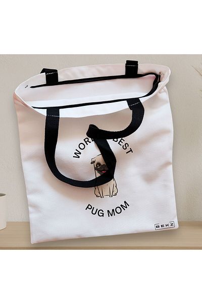 BEKZ Textile Bag With Zipper, Tote Bag, World's Best Pug Mom Model, 38x34.5 Cm, ​​White, ®