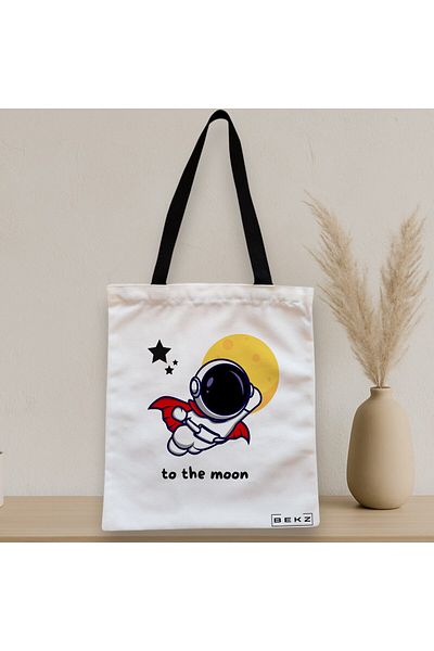 BEKZ Textile Bag With Zipper, Tote Bag, To The Moon Model, 38x34.5 Cm, ​​White, ®