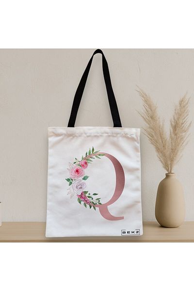 BEKZ Sacosa Textila Cu Fermoar, Geanta Tote, Cu Litera Q Rose Gold Si Trandafiri, 38x34.5 Cm, Alba, ®