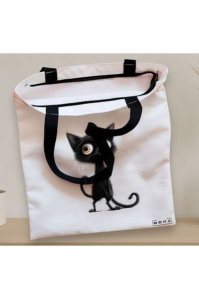 BEKZ Sacosa Textila Cu Fermoar, Geanta Tote, Model Meowgic Charm 38 X 34.5 Cm, Alb, ®