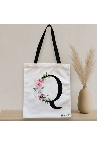 BEKZ Sacosa Textila Cu Fermoar, Geanta Tote, Cu Litera Q Si Trandafiri, 38x34.5 Cm, Alba, ®