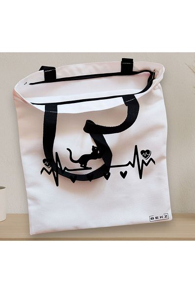 BEKZ Sacosa Textila Cu Fermoar, Geanta Tote, Model Cat Love 2, 38x34.5 Cm, Alba, ®