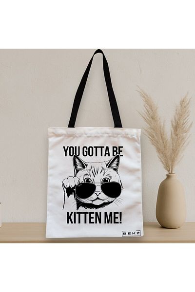 BEKZ Textile Bag With Zipper, Tote Bag, Model You Gotta Be Kitten Me, 38 X 34.5 Cm, ​​White, ®