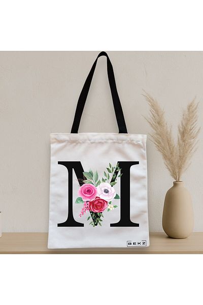 BEKZ Textile Bag With Zipper, Tote Bag, With Letter M And Roses, 38x34.5 Cm, ​​White, ®