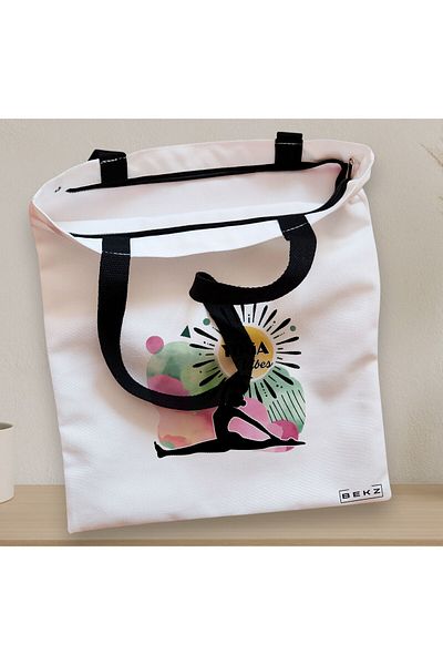 BEKZ Sacosa Textila Cu Fermoar, Geanta Tote Yoga Vibes, 38x34.5 Cm, Alba, ®