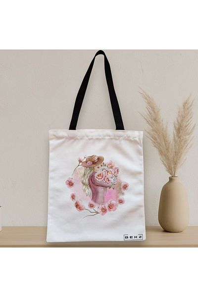 BEKZ Sacosa Textila Cu Fermoar, Geanta Tote, Model Floral Romance, 38x34.5 Cm, Alba, ®