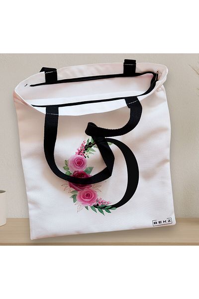 BEKZ Textile Bag With Zipper, Tote Bag, With Letter O And Roses, 38x34.5 Cm, ​​White, ®