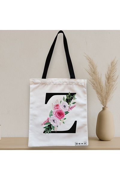 BEKZ Textile Bag With Zipper, Tote Bag, With Letter Z And Roses, 38x34.5 Cm, ​​White, ®