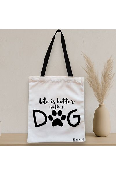 BEKZ Sacosa Textila Cu Fermoar, Geanta Tote, Model Life Is Better With A Doggo, 38x34.5 Cm, Alba, ®