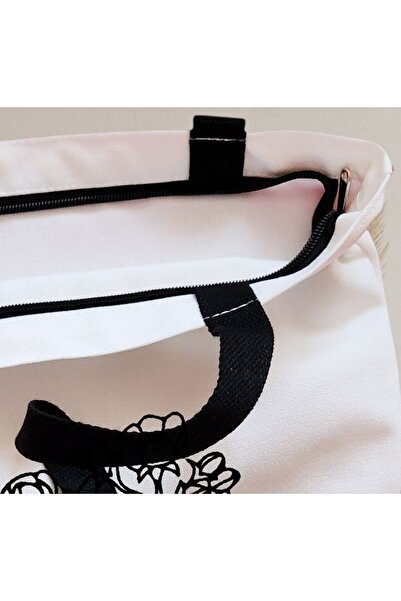 BEKZ Sacosa Textila Cu Fermoar, Geanta Tote, Model Floral Hand, 38x34.5 Cm, Alba, ®