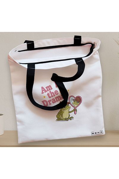 BEKZ Zippered Textile Bag, Tote Bag, Pattern And I Am The Drama? 38 X 34.5 Cm, ​​White, ®