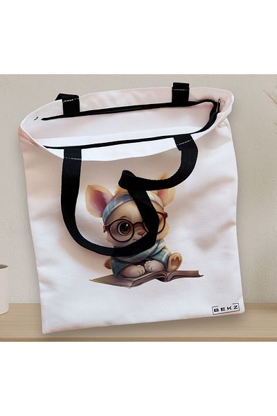 BEKZ Sacosa Textila Cu Fermoar, Geanta Tote, Model Reading Puppy 30 38 X 34.5 Cm, Alb, ®
