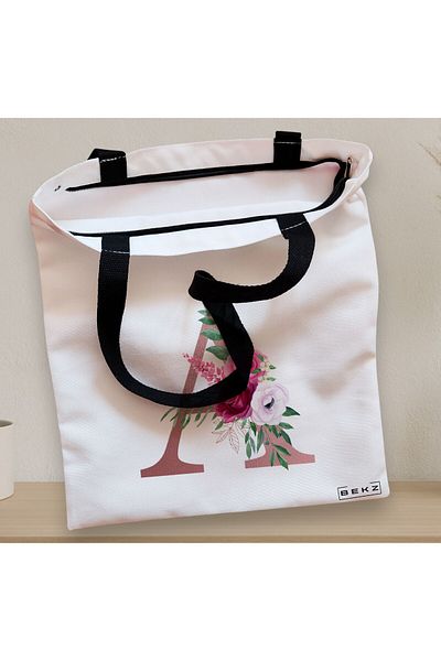 BEKZ Sacosa Textila Cu Fermoar, Geanta Tote, Cu Litera A Rose Gold Si Trandafiri, 38x34.5 Cm, Alba, ®