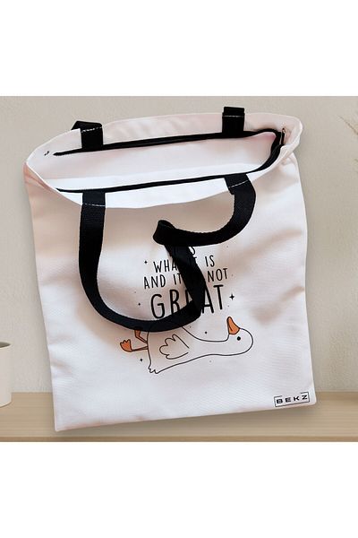 BEKZ Sacosa Textila Cu Fermoar, Geanta Tote, Model Silly Goose 1, 38 X 34.5 Cm, Alb, ®
