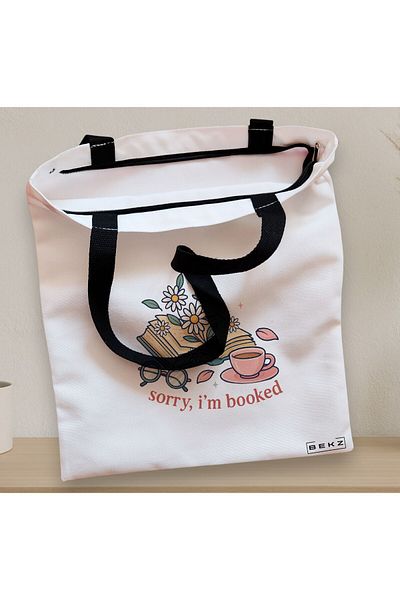 BEKZ Textile Bag With Zipper, Tote Bag, Sorry I’m Booked Model, 38 X 34.5 Cm, ​​White, ®