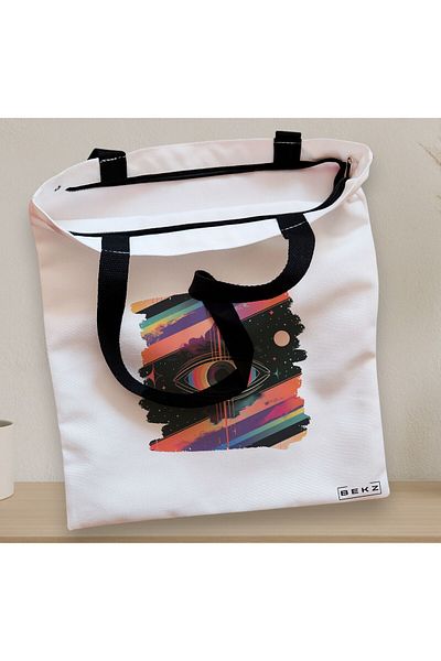 BEKZ Sacosa Textila Cu Fermoar, Geanta Tote, Model Celestial Eye 11, 38x34.5 Cm, Alba, ®