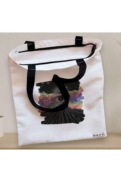 BEKZ Sacosa Textila Cu Fermoar, Geanta Tote, Model Celestial Eye 3, 38x34.5 Cm, Alba, ®