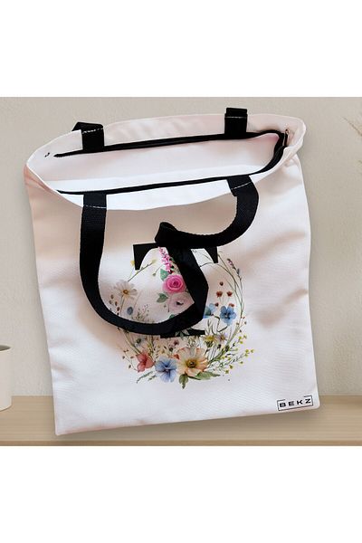 BEKZ Textile Bag With Zipper, Tote Bag, With Letter T In Floral Wreath, 38x34.5 Cm, ​​White, ®