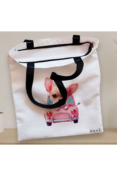 BEKZ Textile Bag With Zipper, Tote Bag, Chihuahua The Driver Model, 38x34.5 Cm, ​​White, ®