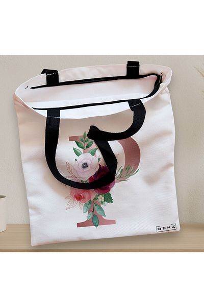 BEKZ Textile Bag With Zipper, Tote Bag, With Letter P Rose Gold And Roses, 38x34.5 Cm, ​​White, ®