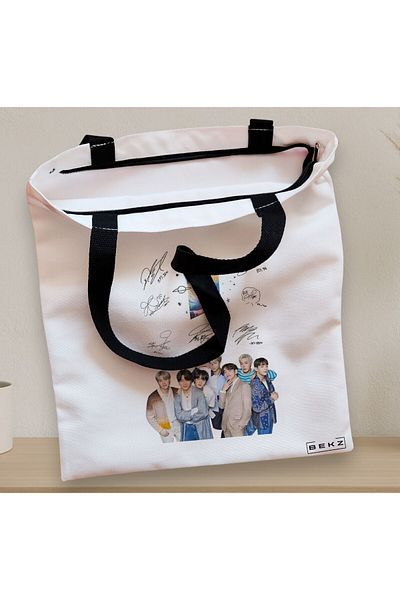 BEKZ Sacosa Textila Cu Fermoar, Geanta Tote, Model Bts Army 9 Cu Semnaturii, 38x34.5 Cm, Alba, ®