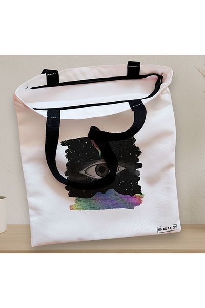 BEKZ Sacosa Textila Cu Fermoar, Geanta Tote, Model Celestial Eye 10, 38x34.5 Cm, Alba, ®