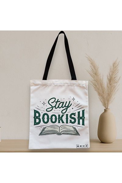 BEKZ Sacosa Textila Cu Fermoar, Geanta Tote, Model Stay Bookish 38 X 34.5 Cm, Alb, ®