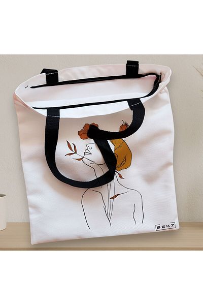 BEKZ Sacosa Textila Cu Fermoar, Geanta Tote, Flower Lady 8, 38x34.5 Cm, Alba, ®