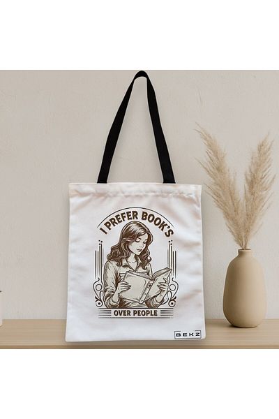 BEKZ Sacosa Textila Cu Fermoar, Geanta Tote, Model I Prefer Book’s Over People 38 X 34.5 Cm, Alb, ®