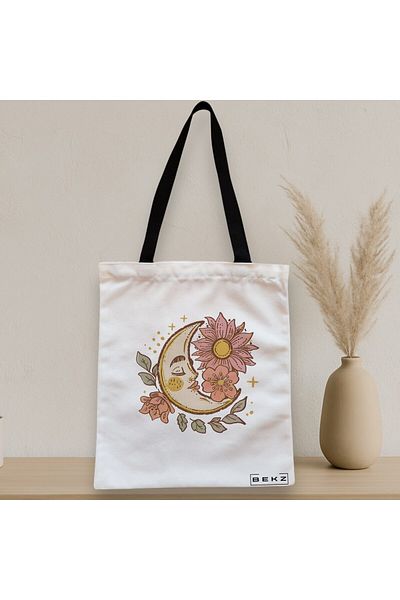 BEKZ Sacosa Textila Cu Fermoar, Geanta Tote Moon Flowers, 38x34.5 Cm, Alba, ®