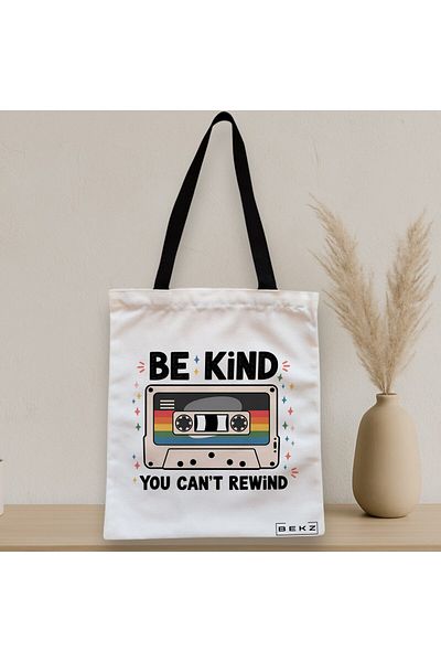 BEKZ Sacosa Textila Cu Fermoar, Geanta Tote, Model Be Kind You Can’t Rewind 38 X 34.5 Cm, Alb, ®