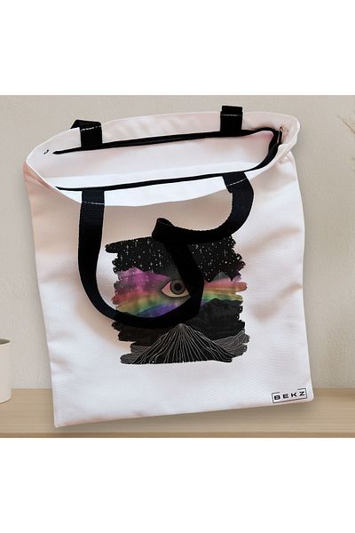 BEKZ Sacosa Textila Cu Fermoar, Geanta Tote, Model Celestial Eye 2, 38x34.5 Cm, Alba, ®