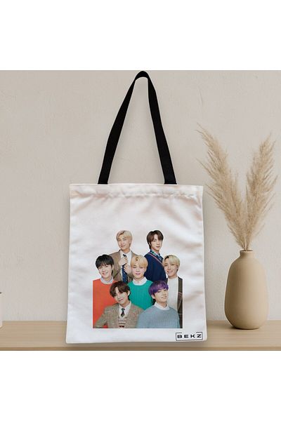BEKZ Sacosa Textila Cu Fermoar, Geanta Tote, Model Bts Army 5, 38x34.5 Cm, Alba, ®