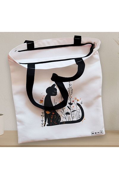 BEKZ Textile Bag With Zipper, Tote Bag, Cat And Flowers Model 1, 38 X 34.5 Cm, ​​White, ®